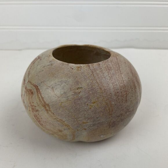 Carved Stone Marble Onyx Bowl Tealight Candle Holder Round Gourd Pink Beige - Picture 2 of 12